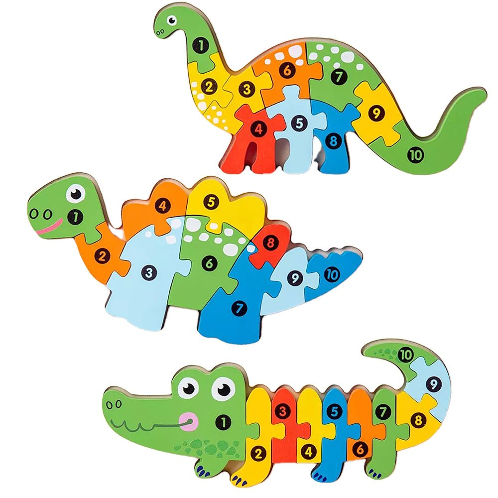 Crocodile - Stegosaurus - Dinosaur (3 Puzzle Pack) 33pc Wood Jigsaw Puzzle, Plus Backboard, Ages 3-6