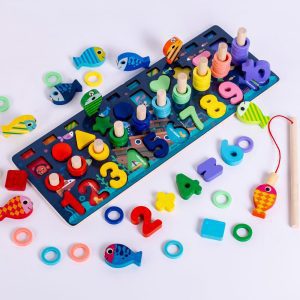 Wooden Numbers and Shapes Fishing Game and Counting Activity Board